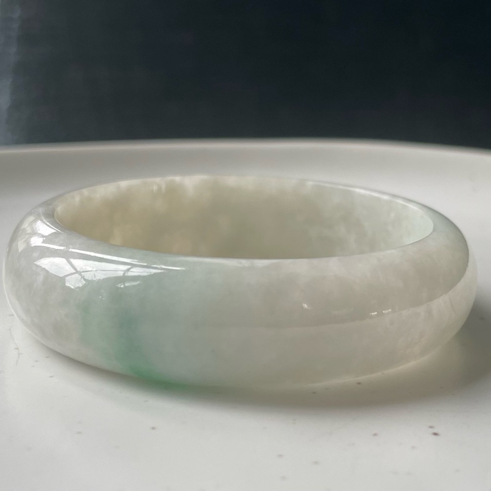 JADE l Authentic Burmese Jade Bangle snow white jade specs of apple green 52mm